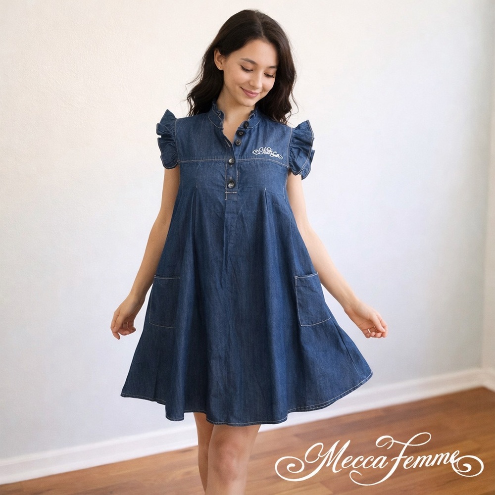 Mecca Femme Trapeze Dress,RuffleSleeves,Baby Doll,Swing Cotton Petite Fit Size L